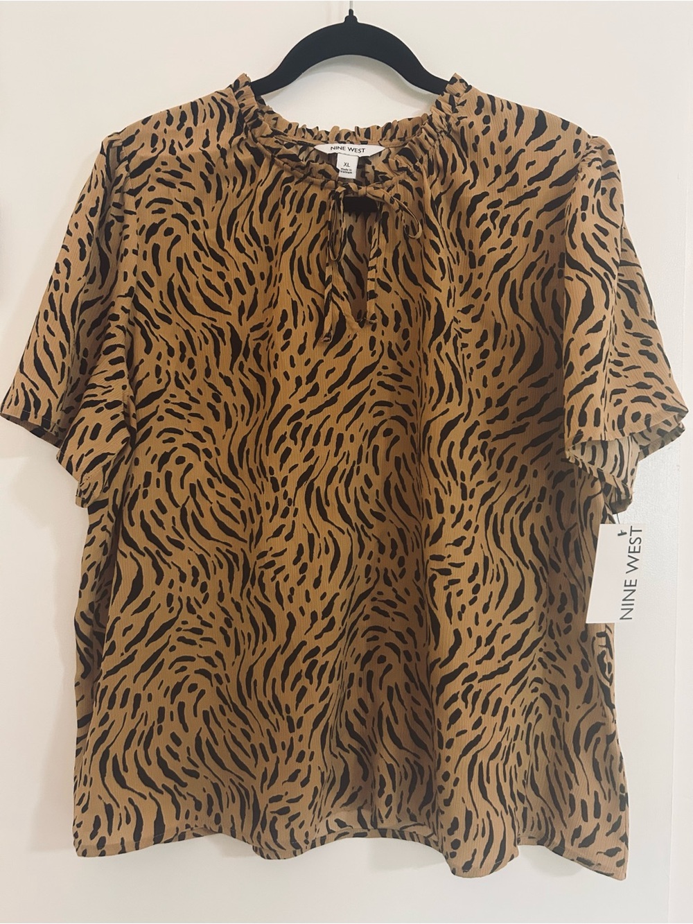 Nine West NWT Brown Black Zebra Animal Print Front Ties Blouse Top XL